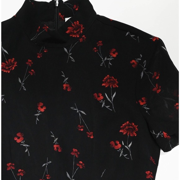 BB Dakota Black & Red Floral Mock Neck Short Sleeve Mini Dress - Picture 2 of 5